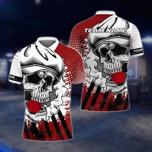 Personalized Skull White Red Bowling Polo Shirt For Men, Custom Skull Bowling Shirt For Team BZ0768