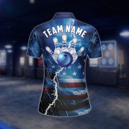 Womens Custom Amercian Flag Thunder Bowling Polo Shirt, Custom Patriotic Bowling Team Shirts For Ladies BW0122