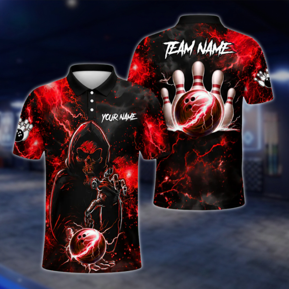 Custom Black And Blue Skull Bowling Polo Shirts Men, Custom Skull Bowling Shirts Team BZ0467