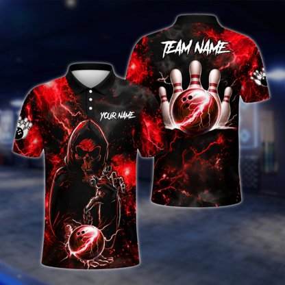 Custom Black And Blue Skull Bowling Polo Shirts Men, Custom Skull Bowling Shirts Team BZ0467