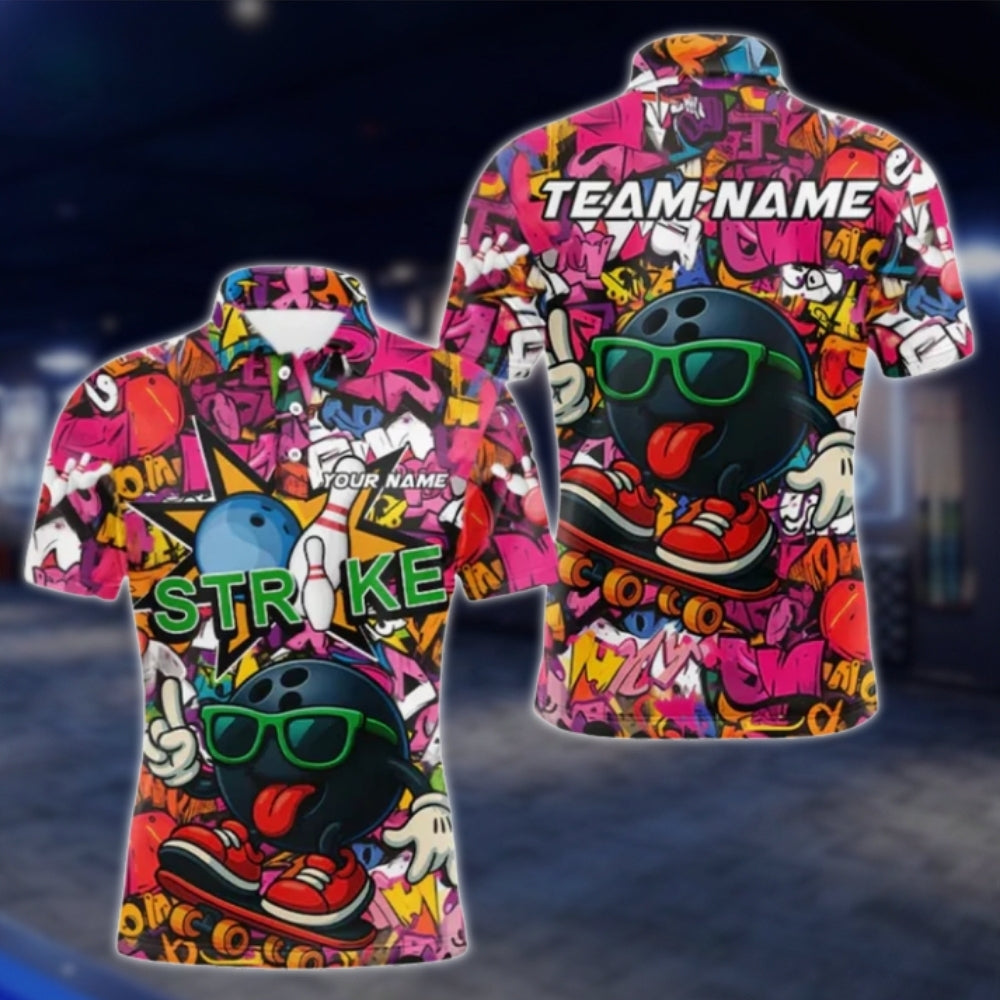Custom Funny Ball Graffiti Bowling Mens Polo Shirt, Custom Team Graffiti Bowling Shirts BE0180