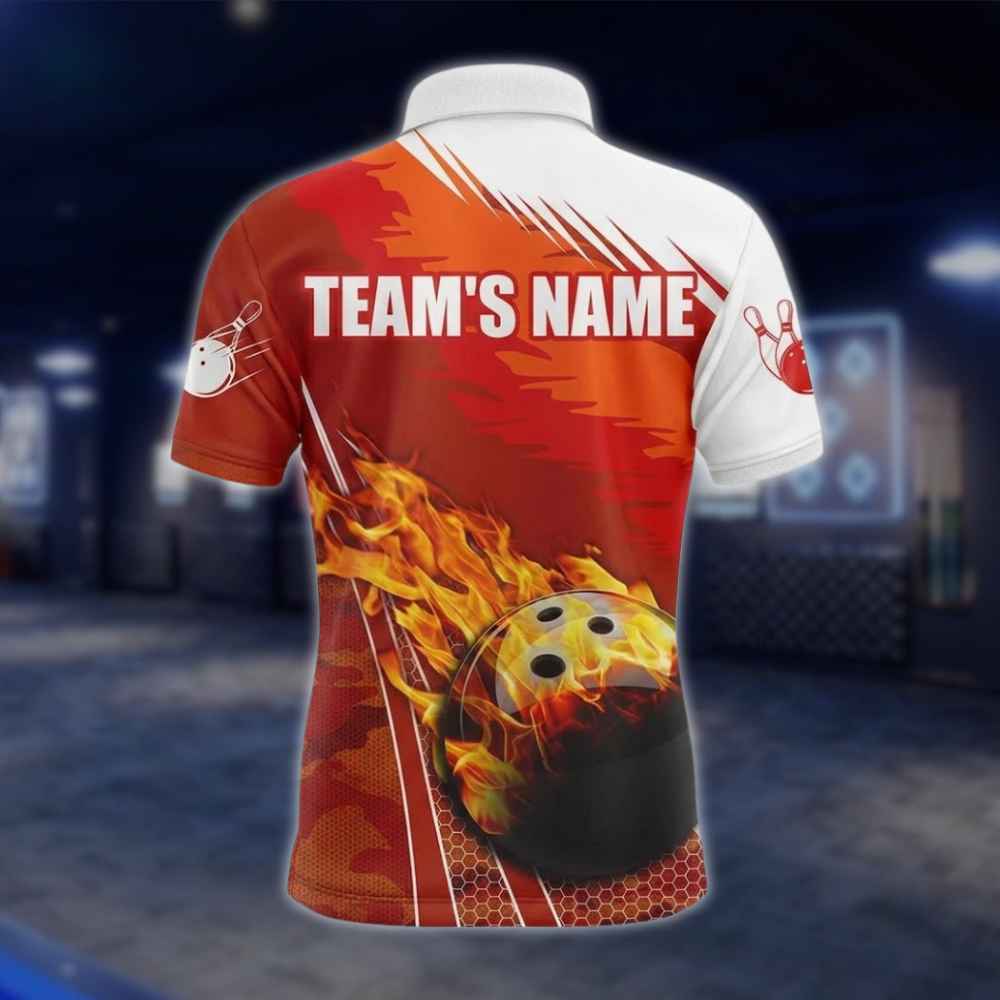 Personalized Flame Orange White Bowling Polo Shirt Mens, Custom Flame Bowling Team Shirts BZ0735