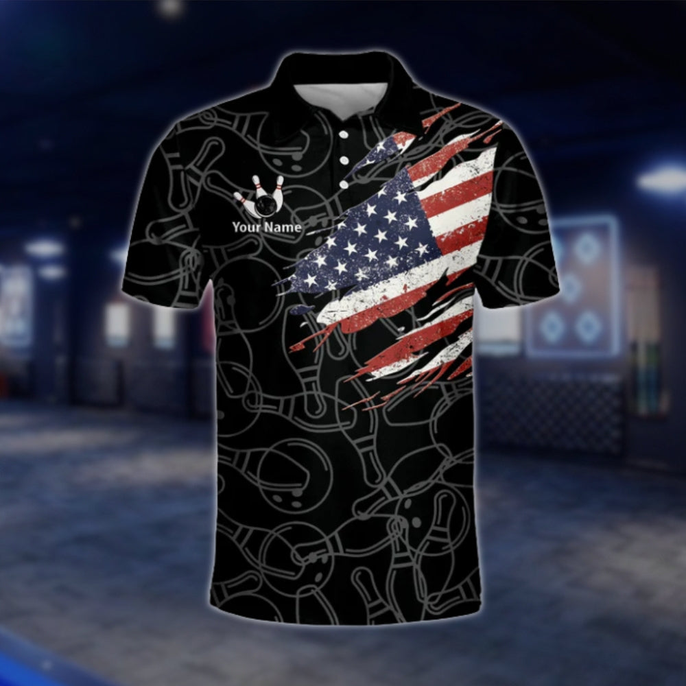 Custom American Flag Grunge Mens Black Bowling Polo Shirt, Custom Patriotic Bowling Team Shirts BM0323