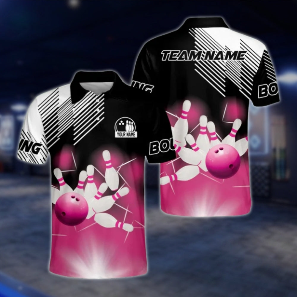 Custom Team Blue Black White Bowling Mens Polo Shirt, Custom Bowlong Shirts BZ0164