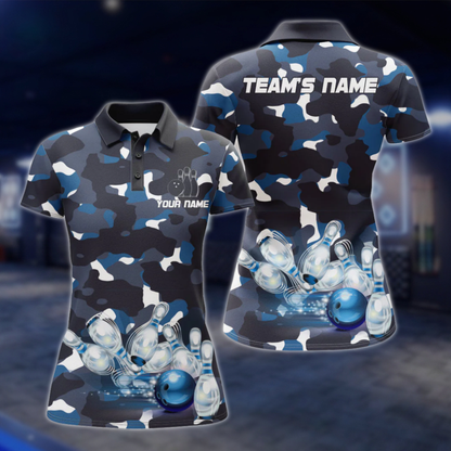 Custom Womens Camo Blue Bowling Polo Shirt, Custom Camo Bowling Team Shirt For Ladies BZ0486