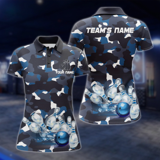 Custom Womens Camo Blue Bowling Polo Shirt, Custom Camo Bowling Team Shirt For Ladies BZ0486