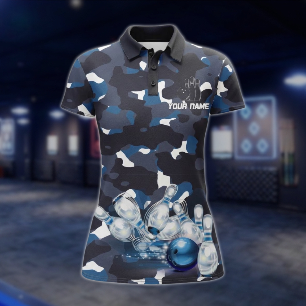 Custom Womens Camo Blue Bowling Polo Shirt, Custom Camo Bowling Team Shirt For Ladies BZ0486