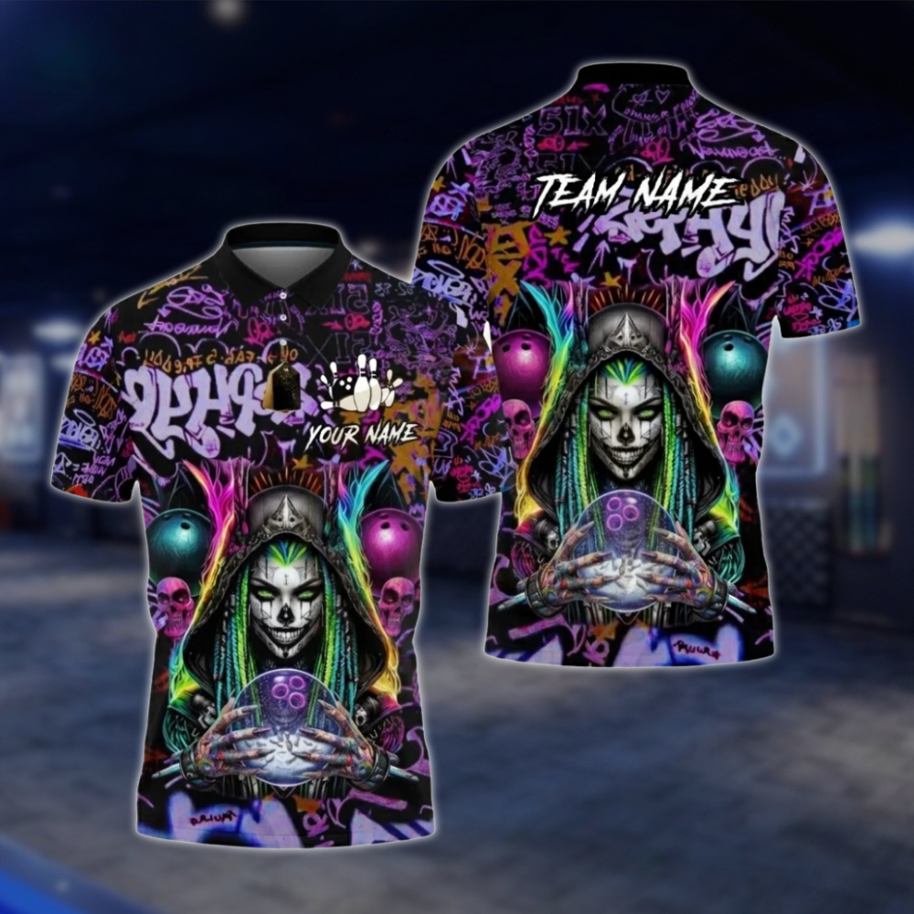 Personalized Cyberpunk Witch Skeleton Graffiti Bowling Mens Polo Shirt, Custom Skull Bowling Team Shirt BZ0794