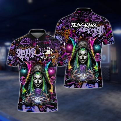 Personalized Cyberpunk Witch Skeleton Graffiti Bowling Mens Polo Shirt, Custom Skull Bowling Team Shirt BZ0794