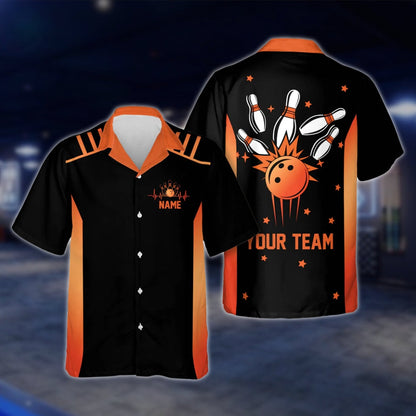 Custom Neon Blue Black Bowlng Hawaiian Shirt For Mens, Custom Team Bowling Shirts BE0017