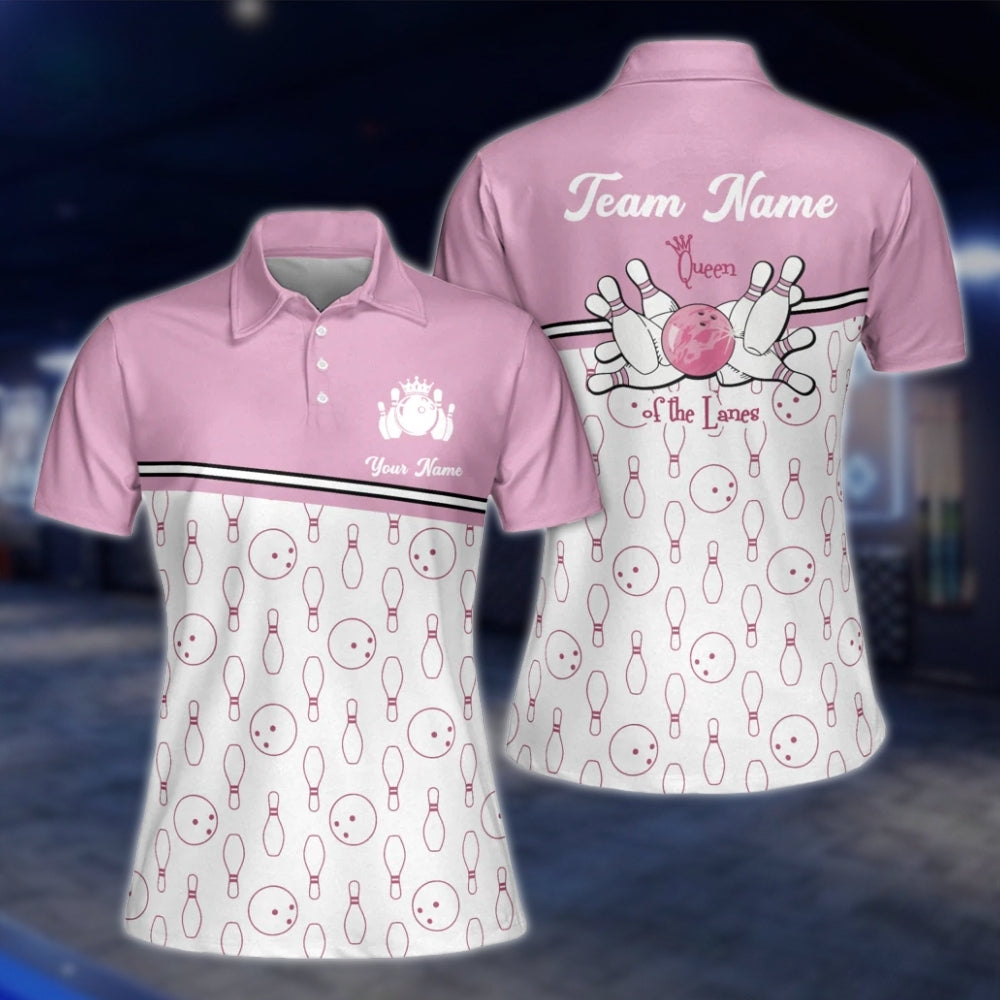 Custom Queen Of The Lanes Bowling Womens Polo Shirt, Pink And White Custom Funny Bowling Shirts For Ladies BW0116