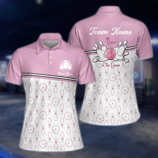 Custom Queen Of The Lanes Bowling Womens Polo Shirt, Pink And White Custom Funny Bowling Shirts For Ladies BW0116