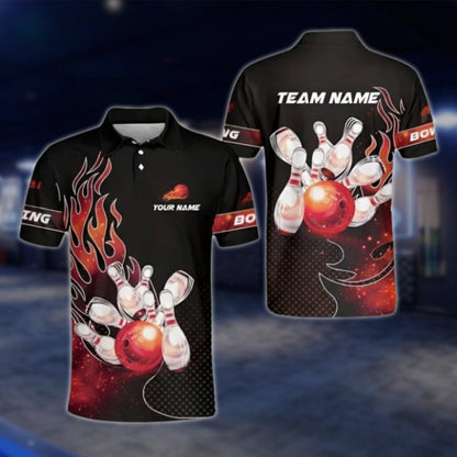 Custom Flaming Bowling Mens Polo Shirt, Black And Red Custom Flame Bowling Shirts Team BZ0177