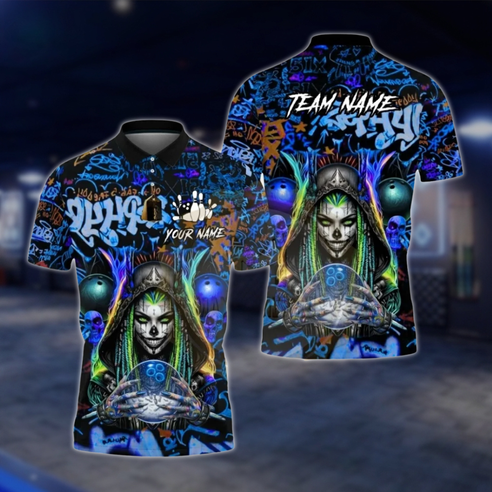 Personalized Cyberpunk Witch Skeleton Graffiti Bowling Mens Polo Shirt, Custom Skull Bowling Team Shirt BZ0794