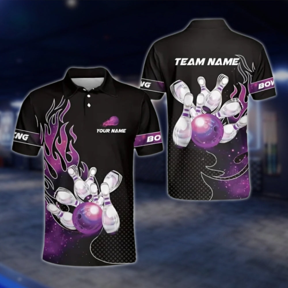 Custom Flaming Bowling Mens Polo Shirt, Black And Red Custom Flame Bowling Shirts Team BZ0177