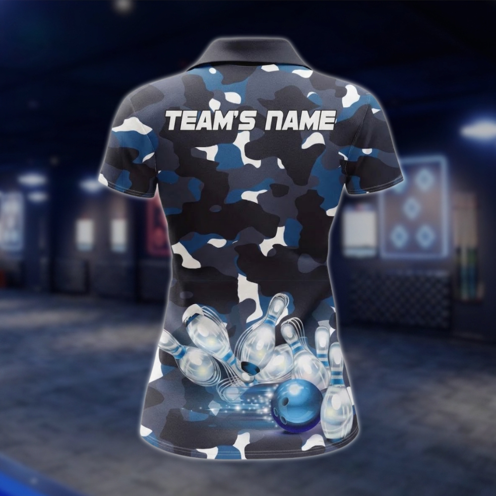 Custom Womens Camo Blue Bowling Polo Shirt, Custom Camo Bowling Team Shirt For Ladies BZ0486