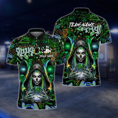Personalized Cyberpunk Witch Skeleton Graffiti Bowling Mens Polo Shirt, Custom Skull Bowling Team Shirt BZ0794