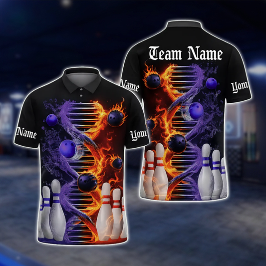Flame DNA Custom Mens Bowling Polo Shirt, Custom Flame Bowling Team Shirts BZ0487