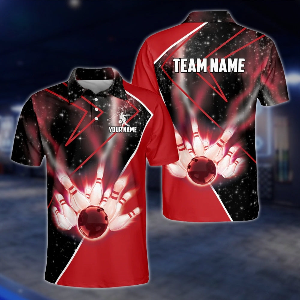 Custom Black And Red Bowling Team Polo Shirt, Custom Bowling Shirts BZ0124