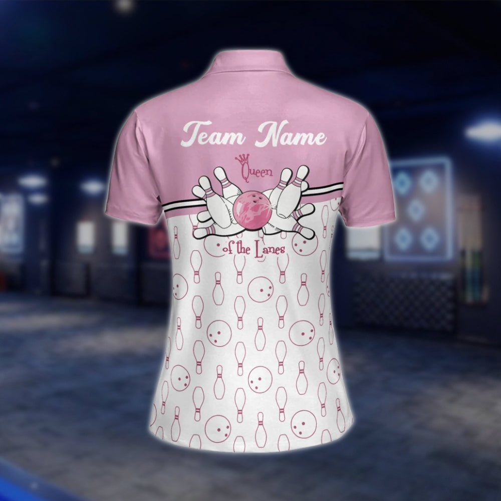 Custom Queen Of The Lanes Bowling Womens Polo Shirt, Pink And White Custom Funny Bowling Shirts For Ladies BW0116
