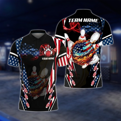 Personalized Fire Ball USA Flag Bowling Polo Shirt Men, Custom Patriotic Bowling Team Shirt BZ0796