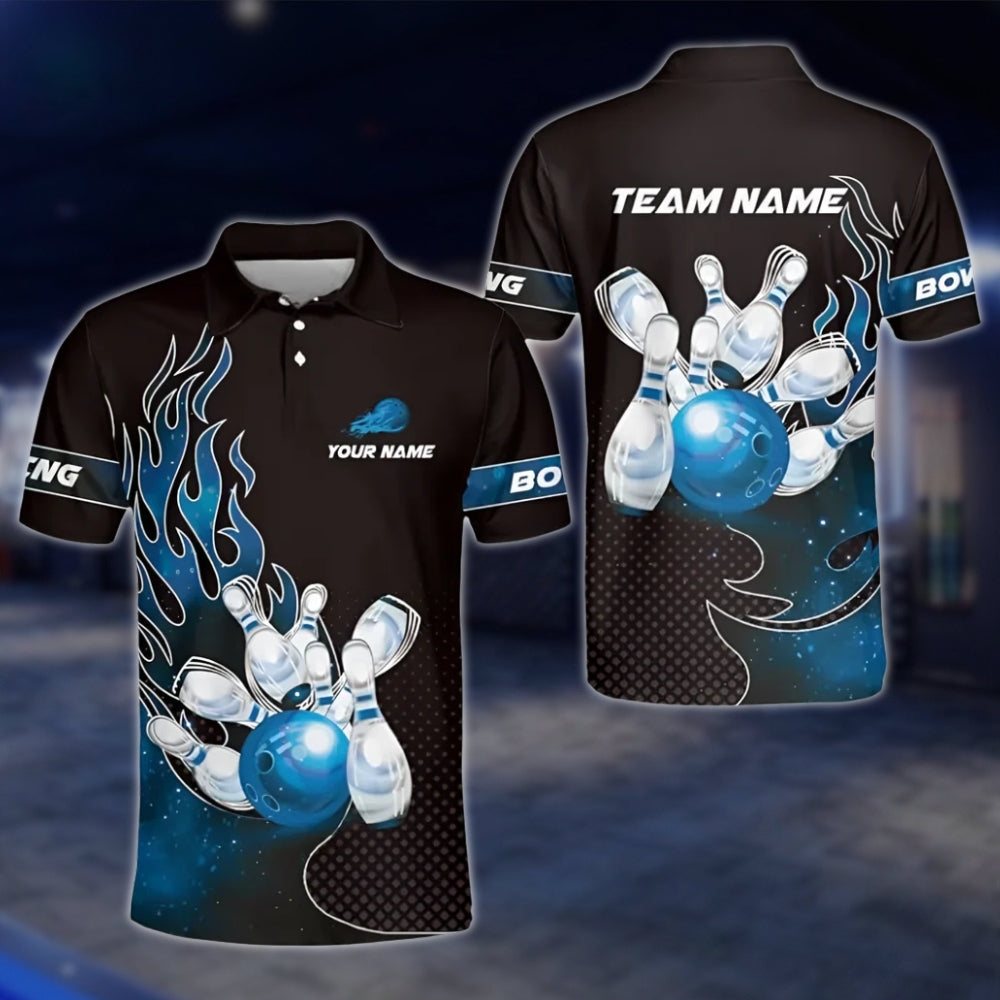 Custom Flaming Bowling Mens Polo Shirt, Black And Red Custom Flame Bowling Shirts Team BZ0177