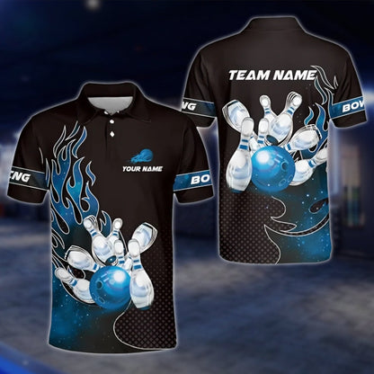 Custom Flaming Bowling Mens Polo Shirt, Black And Red Custom Flame Bowling Shirts Team BZ0177