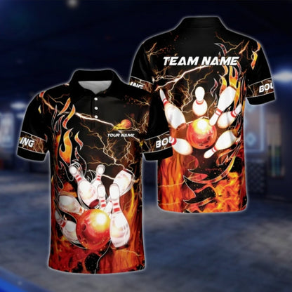 Custom Fire Thunder Bowling Polo Shirts For Mens, Custom Flame Team Bowling Shirts BZ0178