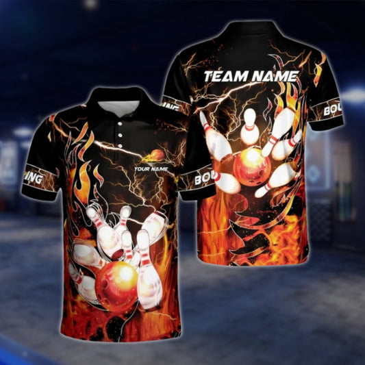 Custom Fire Thunder Bowling Polo Shirts For Mens, Custom Flame Team Bowling Shirts BZ0178