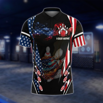 Personalized Fire Ball USA Flag Bowling Polo Shirt Men, Custom Patriotic Bowling Team Shirt BZ0796