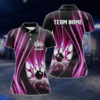 Custom Team Purple Lightning Women's Bowling Polo Shirt, Custom Bowling Shirt For Ladies BZ0488