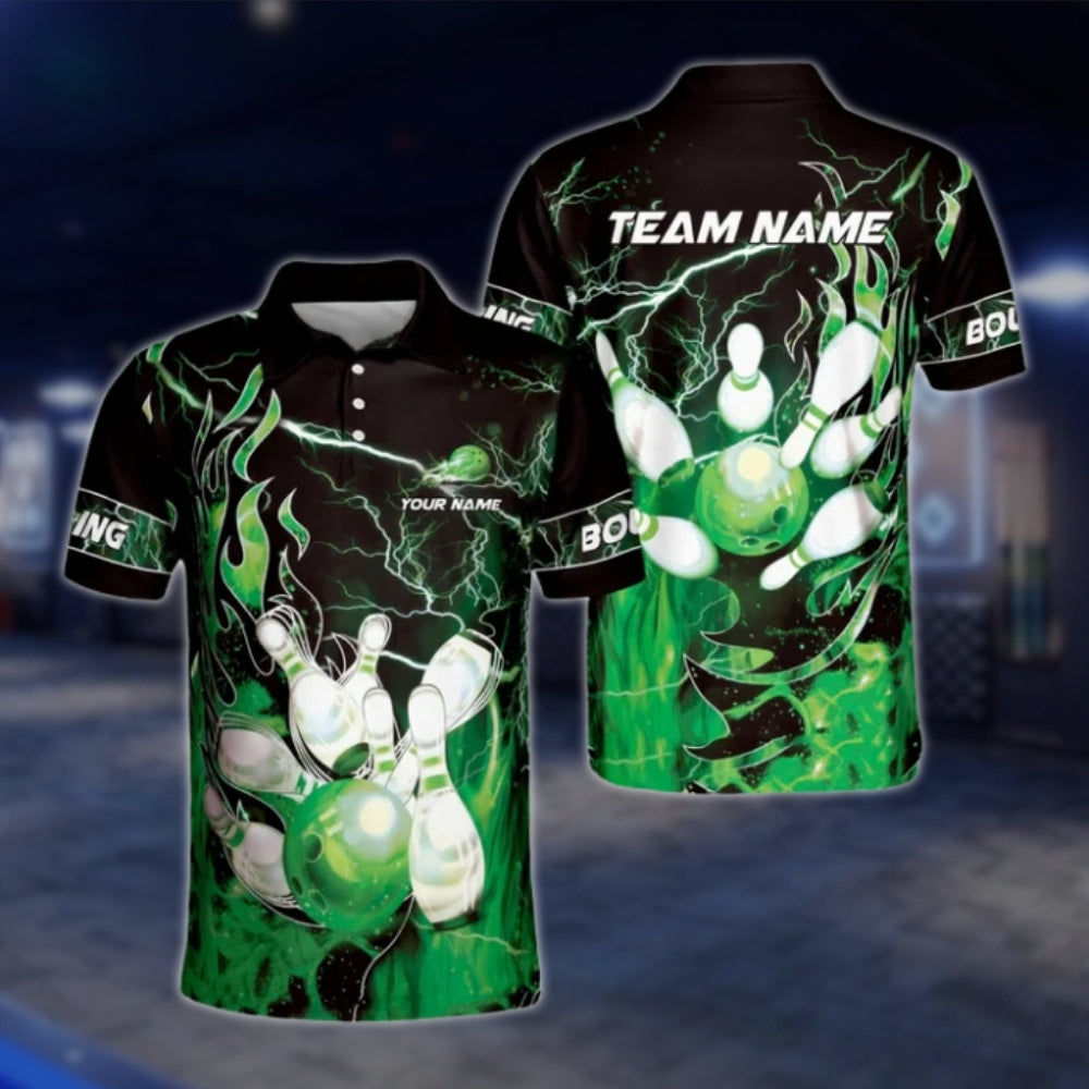 Custom Fire Thunder Bowling Polo Shirts For Mens, Custom Flame Team Bowling Shirts BZ0178