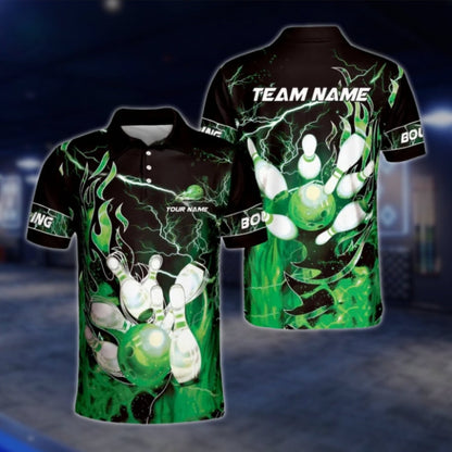 Custom Fire Thunder Bowling Polo Shirts For Mens, Custom Flame Team Bowling Shirts BZ0178