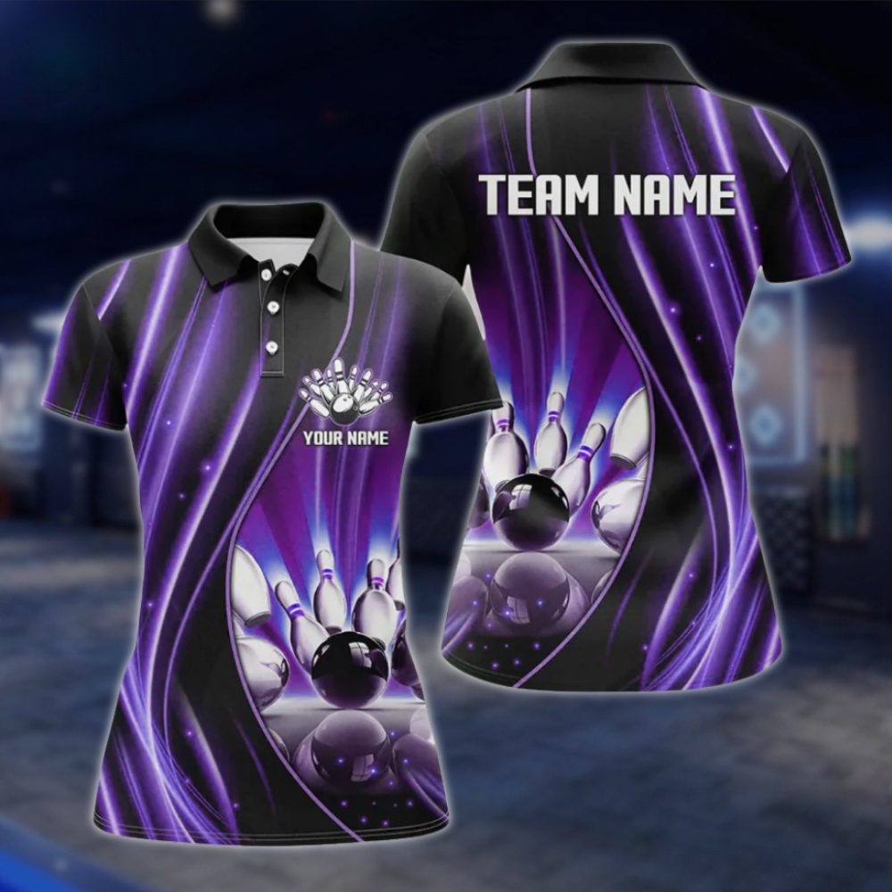 Custom Team Purple Lightning Women's Bowling Polo Shirt, Custom Bowling Shirt For Ladies BZ0488