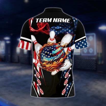 Personalized Fire Ball USA Flag Bowling Polo Shirt Men, Custom Patriotic Bowling Team Shirt BZ0796