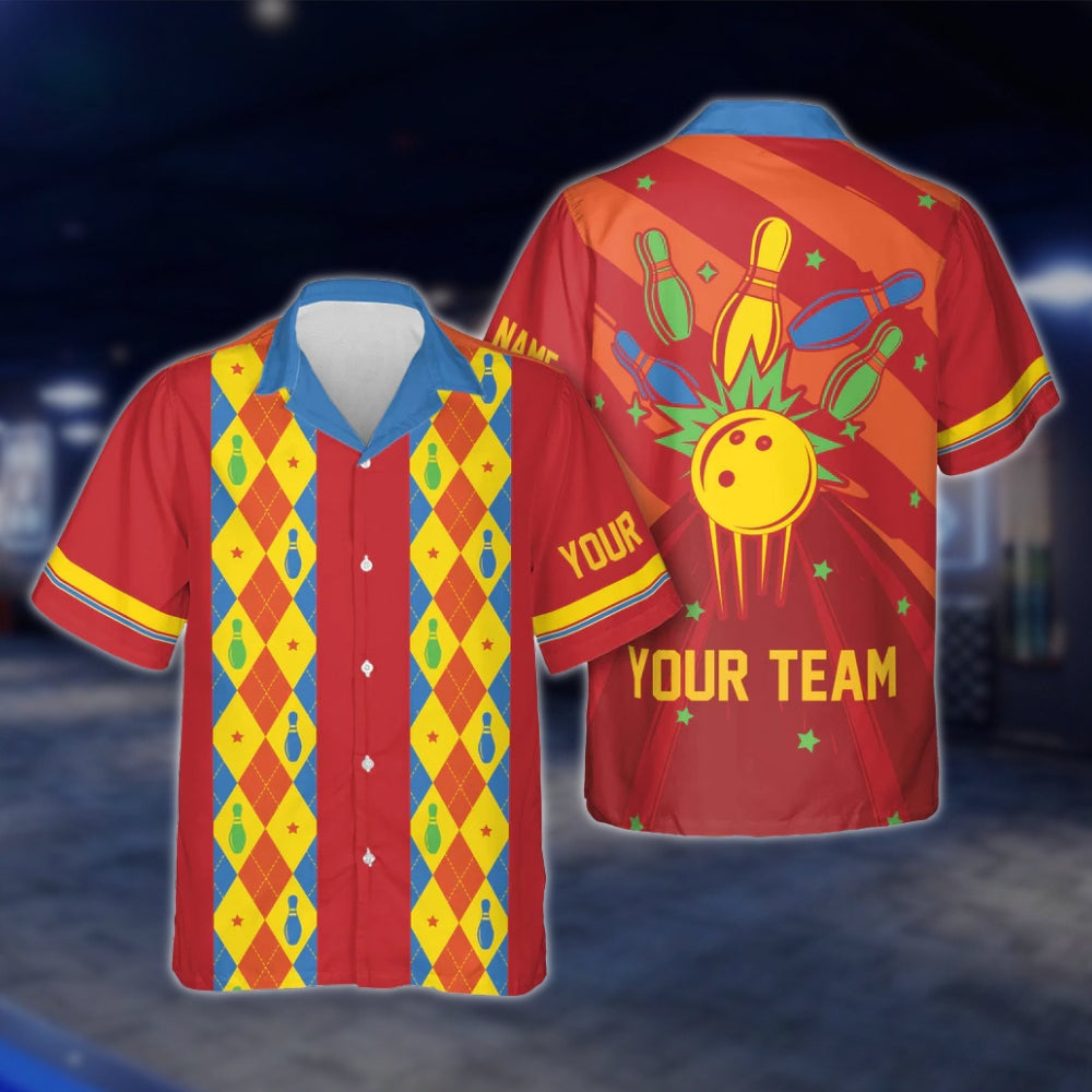 Custom Argyle Red Blue Green Hawaiian Bowling Shirt Men Women, Custom Retro Bowling Shirts For Team BE0015