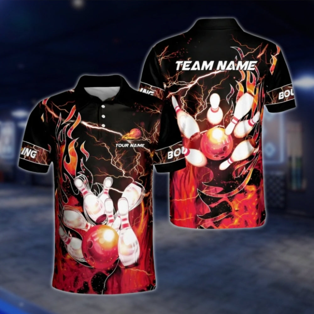 Custom Fire Thunder Bowling Polo Shirts For Mens, Custom Flame Team Bowling Shirts BZ0178