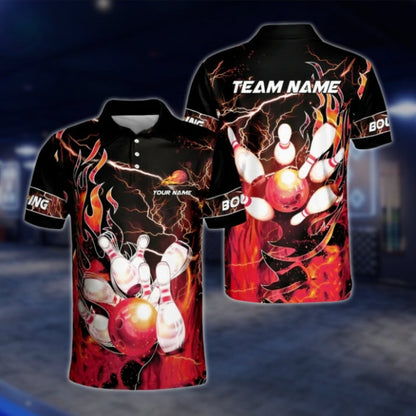 Custom Fire Thunder Bowling Polo Shirts For Mens, Custom Flame Team Bowling Shirts BZ0178