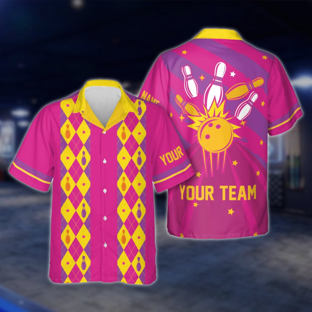 Custom Argyle Red Blue Green Hawaiian Bowling Shirt Men Women, Custom Retro Bowling Shirts For Team BE0015