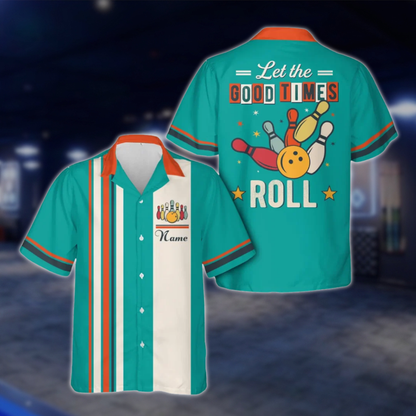 Let The Good Times Roll Personalized Retro Bowling Hawaiian Shirt Men And Women, Custom Funny Bowling Shirt Cyan BE0216