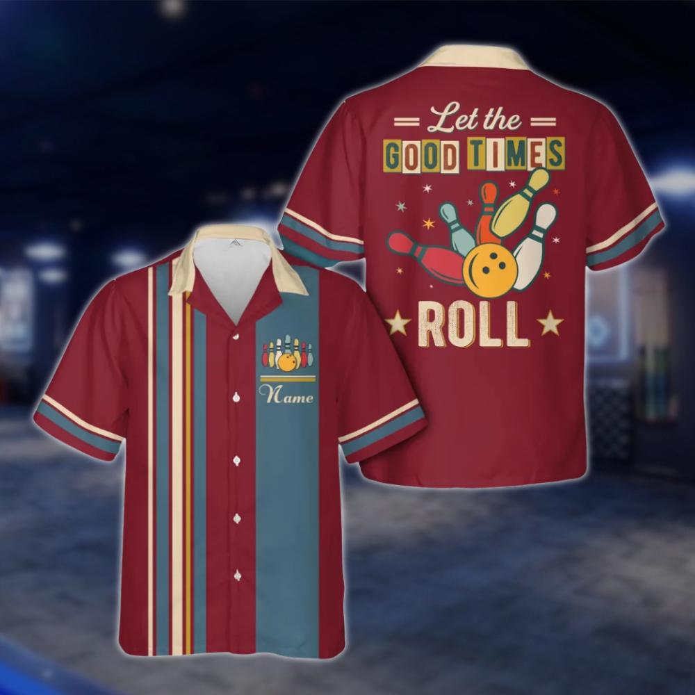 Let The Good Times Roll Personalized Retro Bowling Hawaiian Shirt Men And Women, Custom Funny Bowling Shirt Cyan BE0216