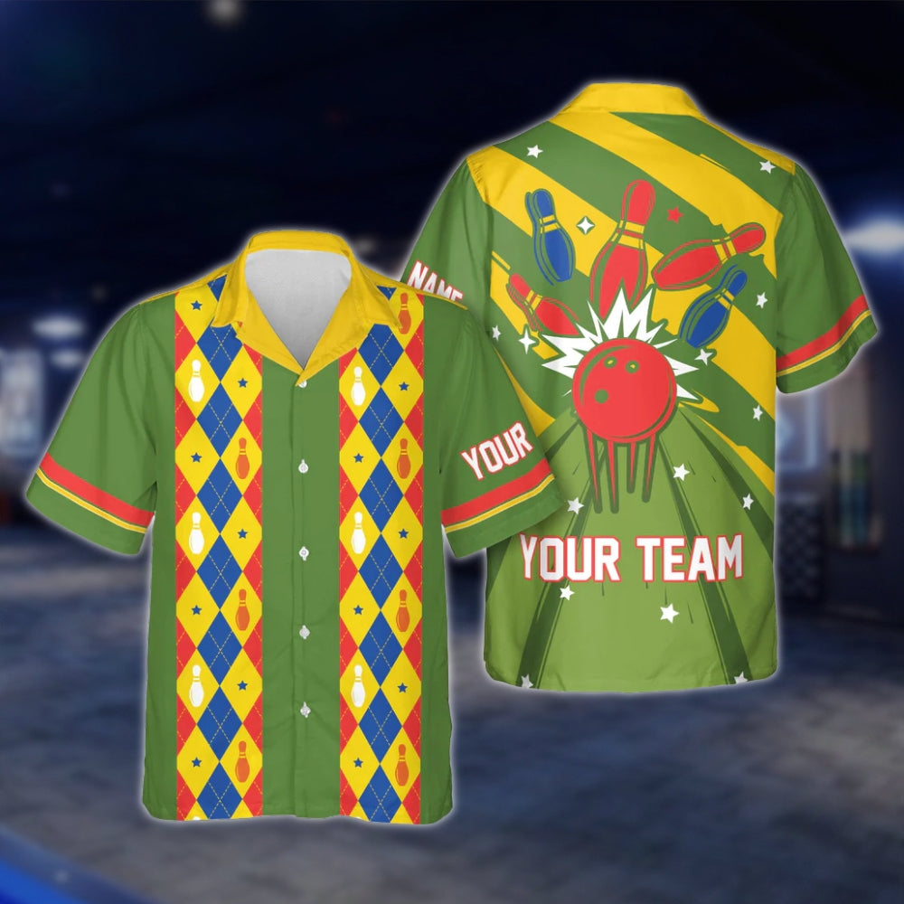 Custom Argyle Red Blue Green Hawaiian Bowling Shirt Men Women, Custom Retro Bowling Shirts For Team BE0015