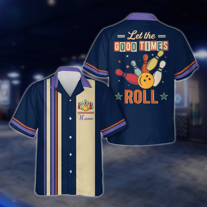 Let The Good Times Roll Personalized Retro Bowling Hawaiian Shirt Men And Women, Custom Funny Bowling Shirt Cyan BE0216