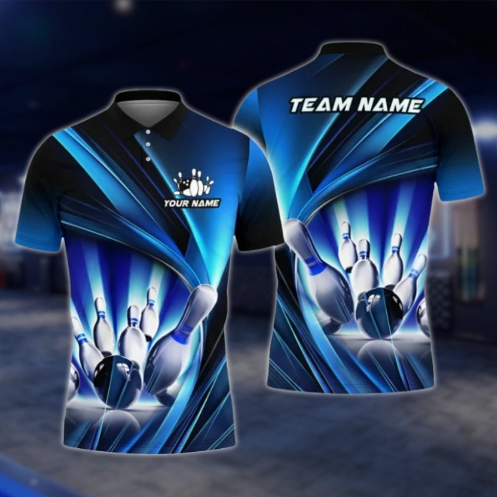 Custom Team Blue Lightning Bowling Polo Shirt For Mens, Custom Bowling Team Shirts BA0005