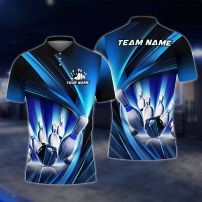 Custom Team Blue Lightning Bowling Polo Shirt For Mens, Custom Bowling Team Shirts BA0005