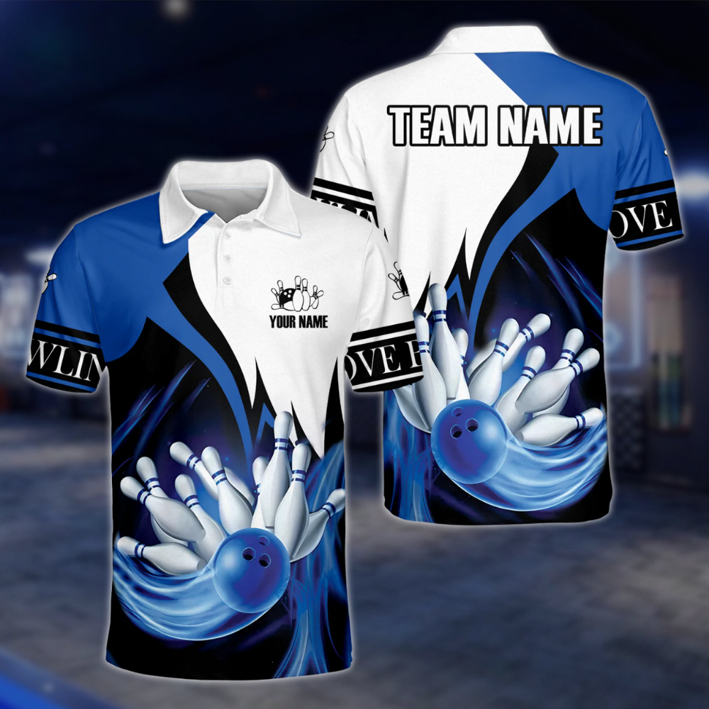 Custom Team Mens Bowling Polo Shirt Blue White, Custom Bowling Shirts BE0041