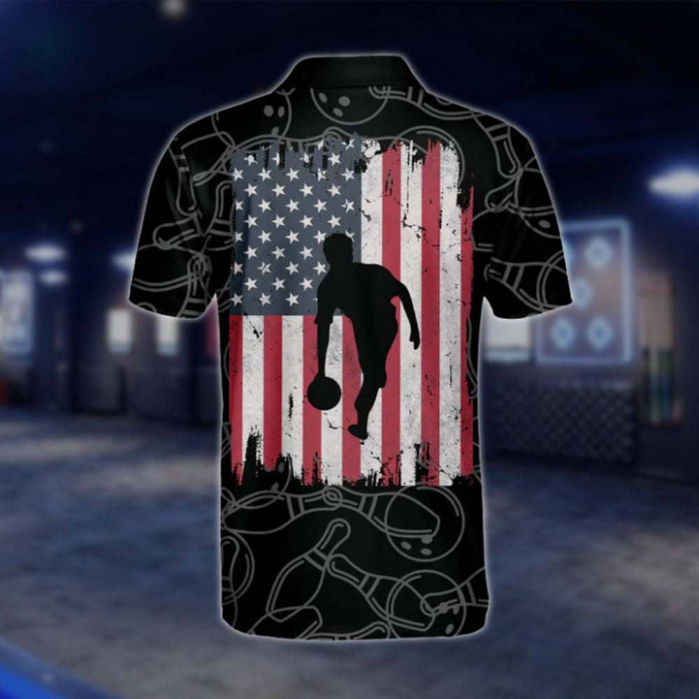 Custom American Flag Grunge Mens Black Bowling Polo Shirt, Custom Patriotic Bowling Team Shirts BM0323