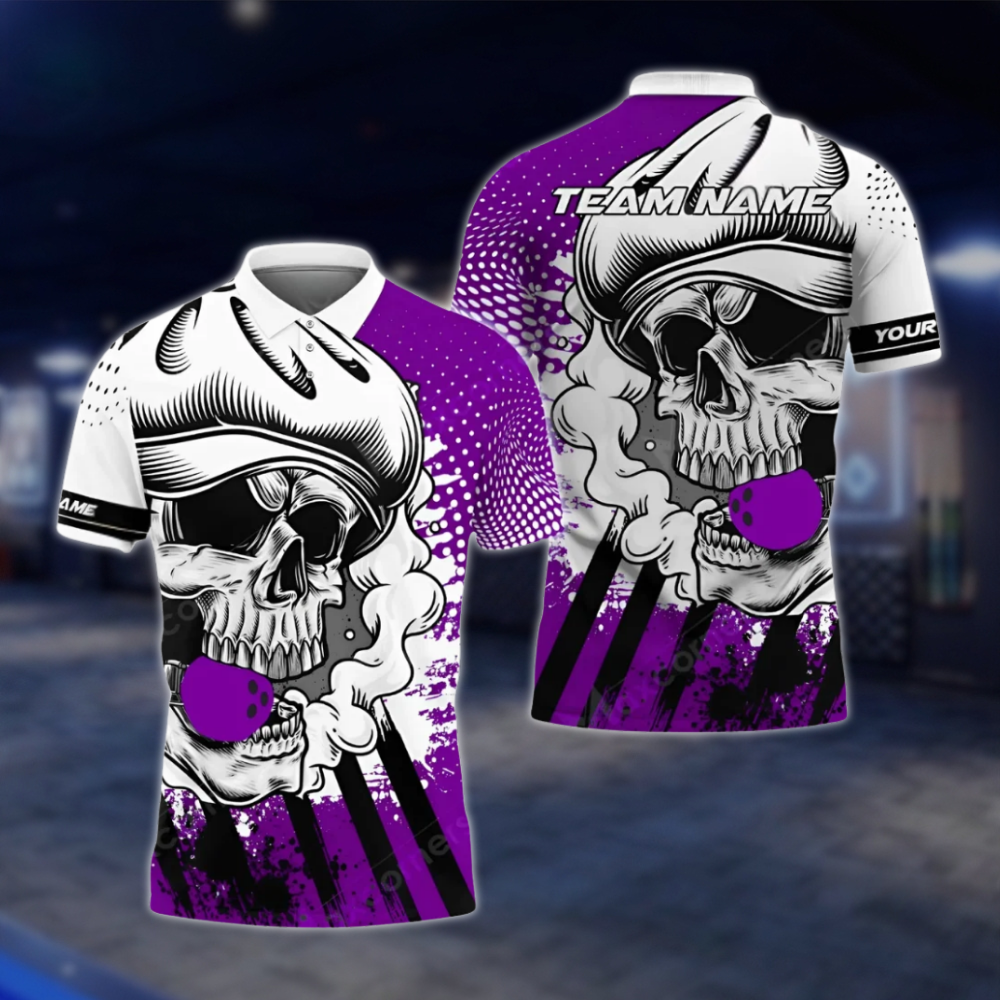Personalized Skull White Red Bowling Polo Shirt For Men, Custom Skull Bowling Shirt For Team BZ0768