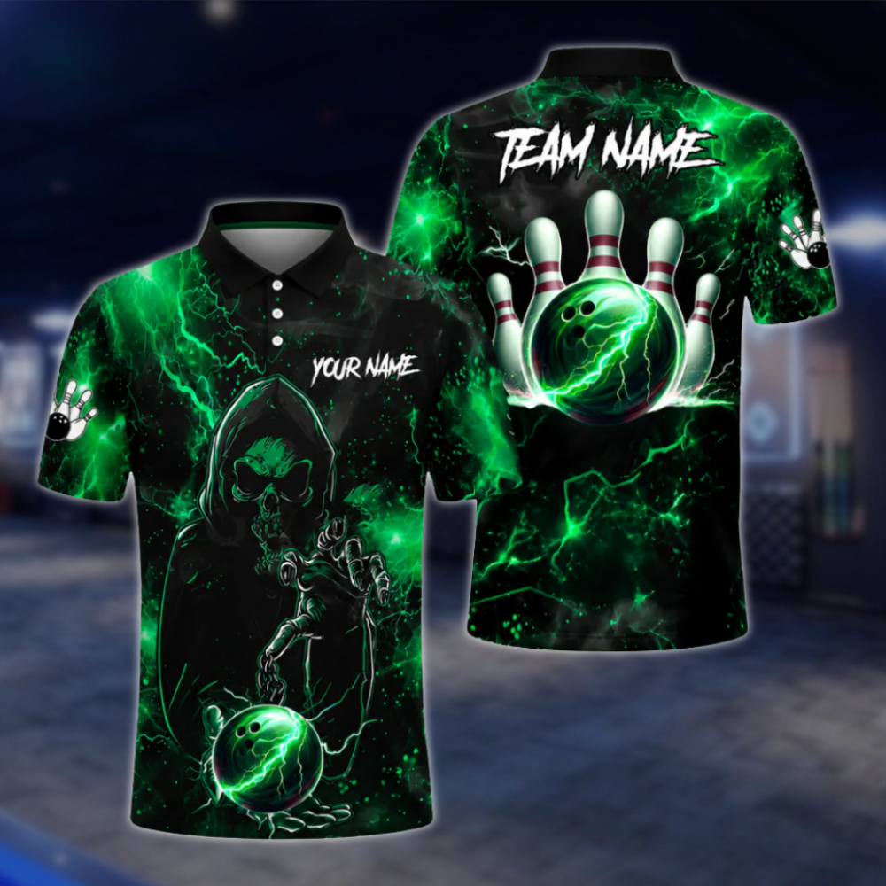 Custom Black And Blue Skull Bowling Polo Shirts Men, Custom Skull Bowling Shirts Team BZ0467