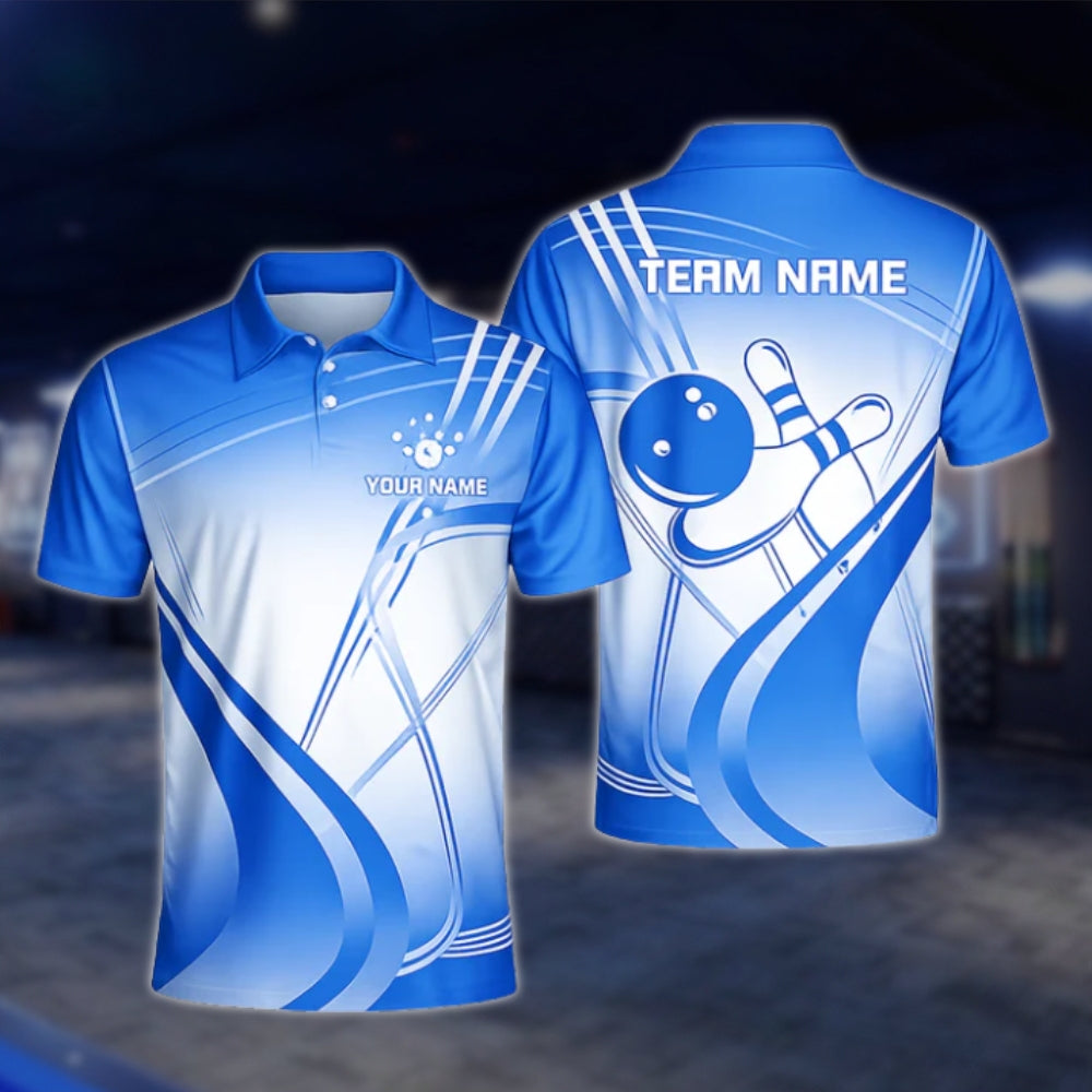 Custom Team White And Cyan Mens Bowling Polo Shirt, Custom Bowling Shirts BZ0450